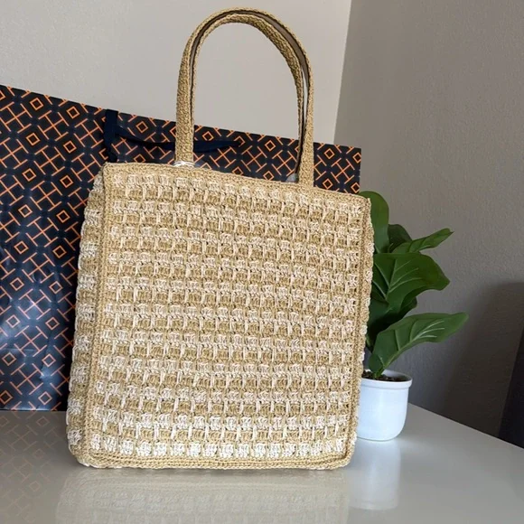 NWT , Tory Burch iced latte / pound cake straw Tote bag - Picture 6 of 12